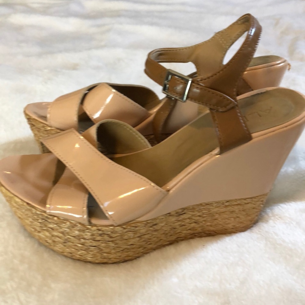 ALDO nude strappy wedges with basket weave bottom